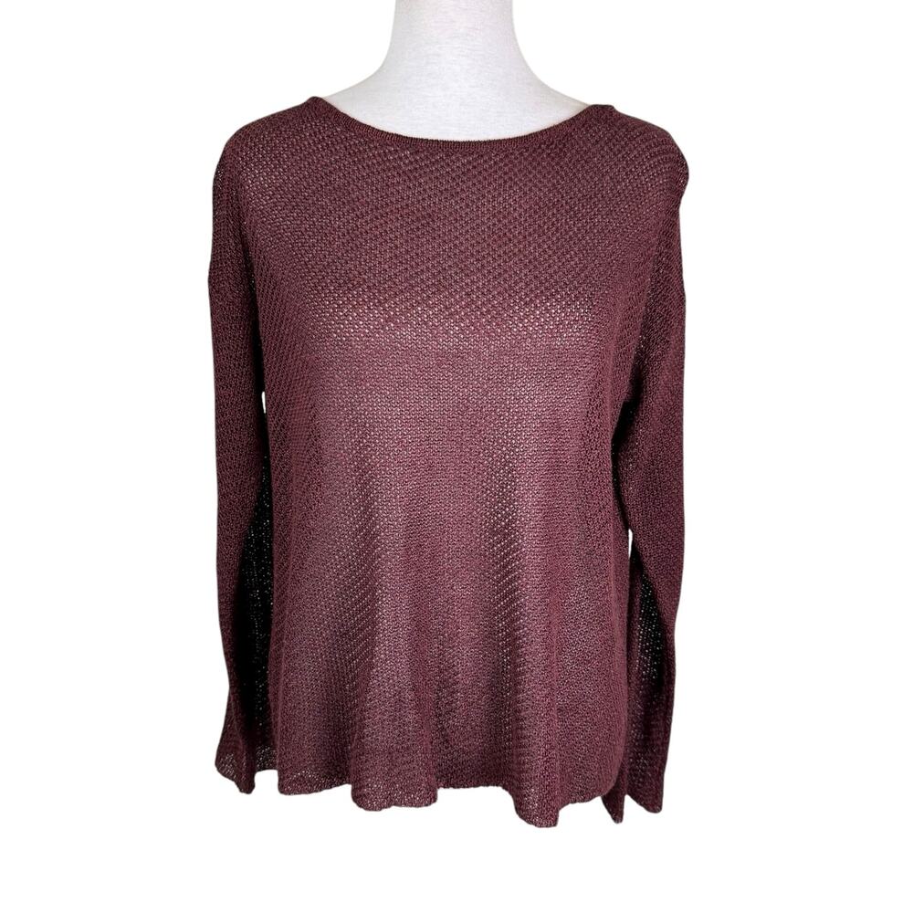 Worth Maroon Long Sleeve Round Neck Lightweight Open Knit Layering Sweater Top